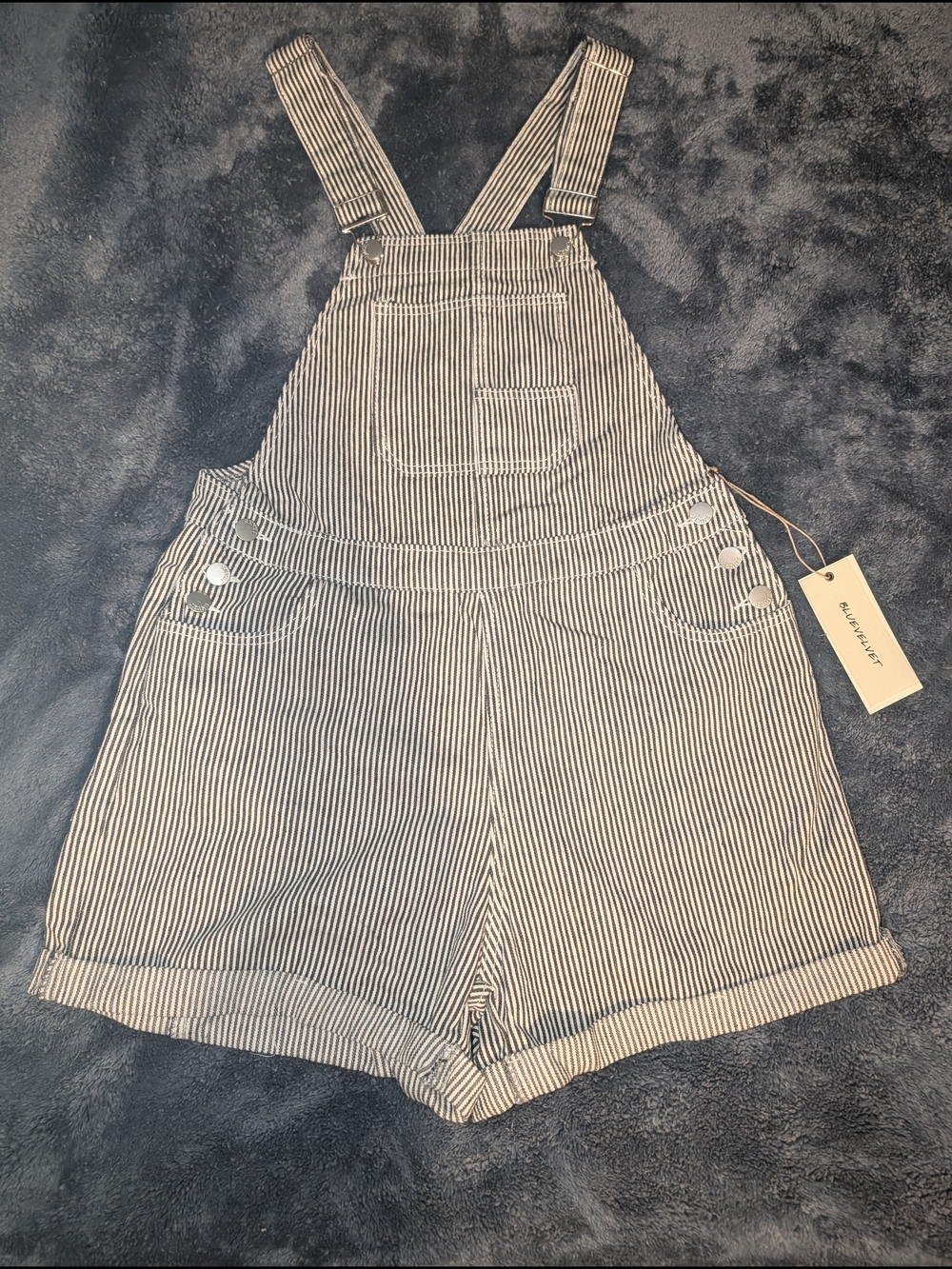 Blue Velvet-Striped Short Overalls Romper